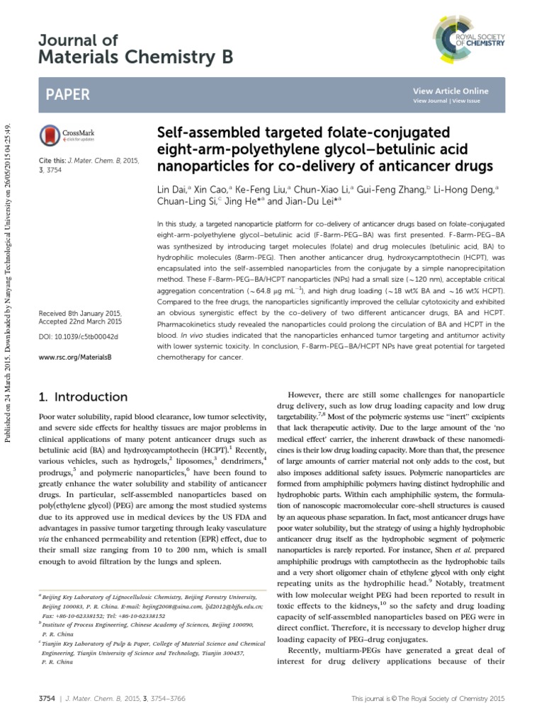 SelfAssembled Targeted FolateConjugated EightArmpolyethylene GlycolBetulinic Acid