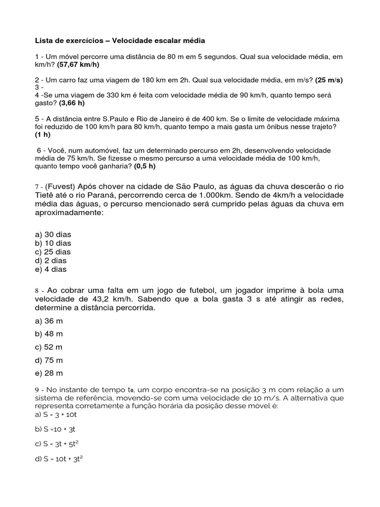 Exercícios de Velocidade Escalar Média | PDF