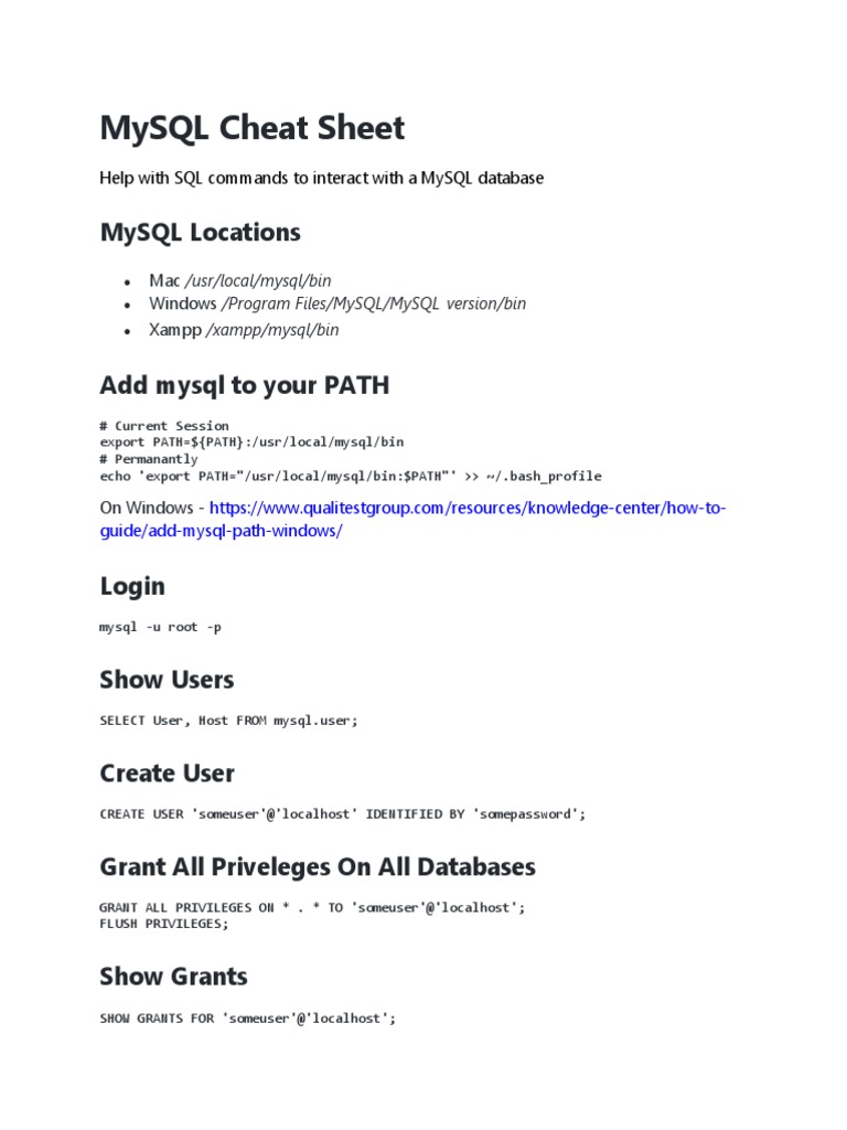 MySQL Cheat Sheet | PDF | Database Index | Databases