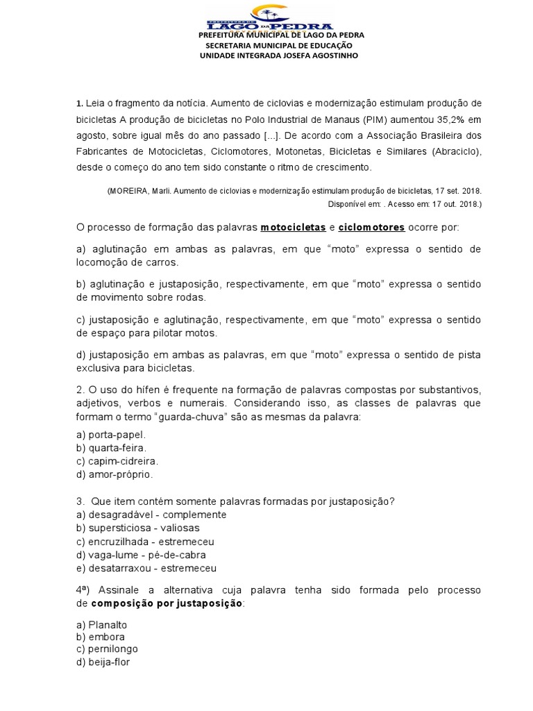 Justaposição e Aglutinação: Exercícios 8º Ano | PDF | Linguística ...