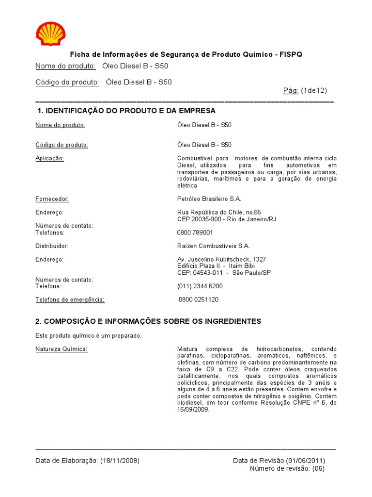 FISPQ Óleo Diesel B S50 Shell R06 06 2011 | PDF | Diesel | Combustão