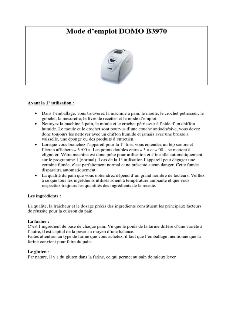 Mode d'emploi Machine à Pain DOMO B3970 | PDF | Pains | Levure