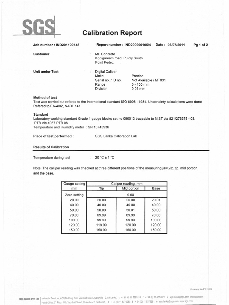 Calibration Report for Measuring Tools | PDF | Calibration | Observation