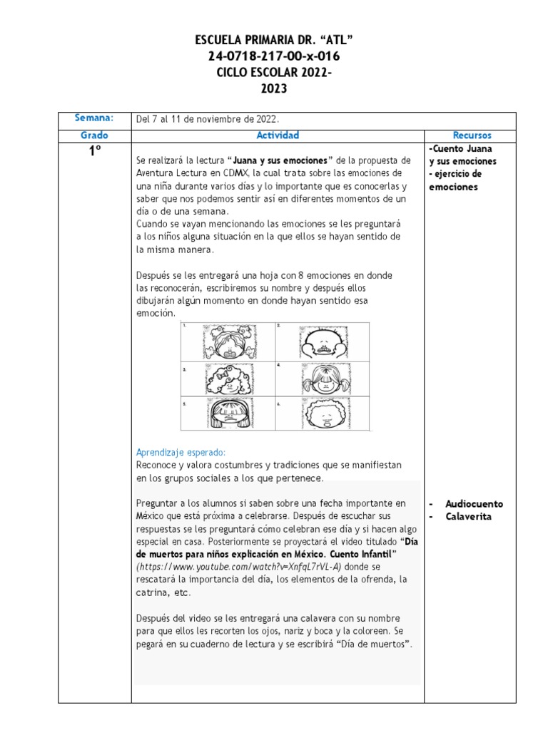 Actividades Escolares Y Día De Muertos Pdf Aprendizaje