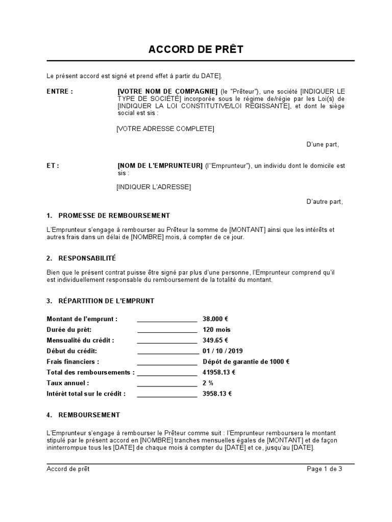 Accord De Pr t Immobilier PDF Pr ts Cr dit