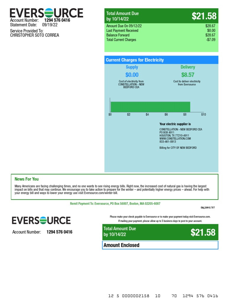 Recibo de Eversource 09 19 2022 | PDF | Power (Physics) | Electric Power