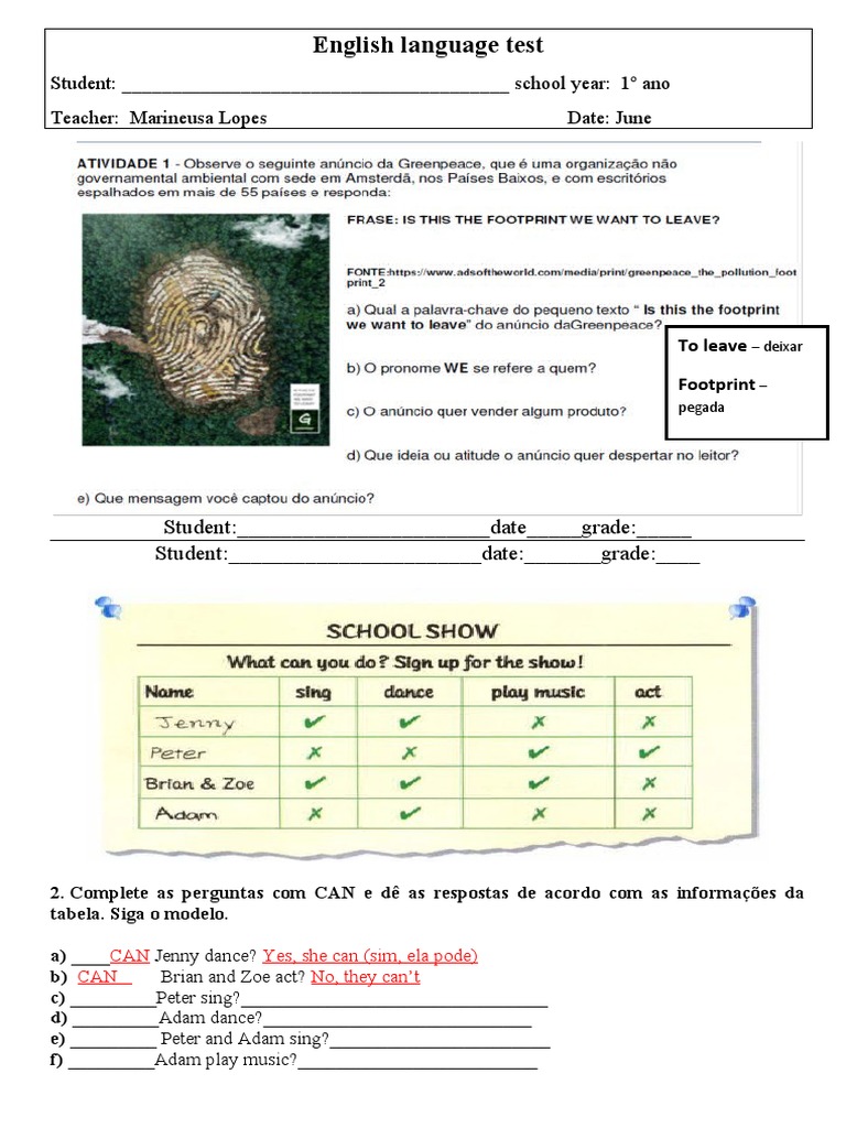 Prova de Inglês 1º Ano Fundamental | PDF | Artes Linguísticas e Disciplina