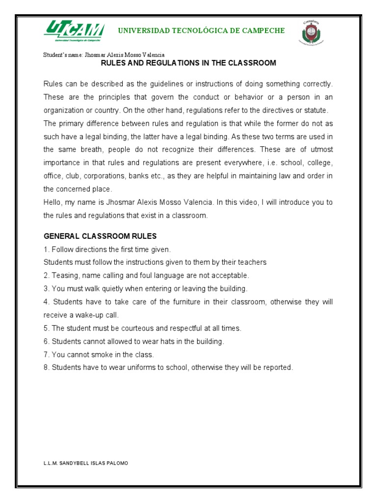Classroom Rules and Regulations Guide | PDF | Teachers | Social ...