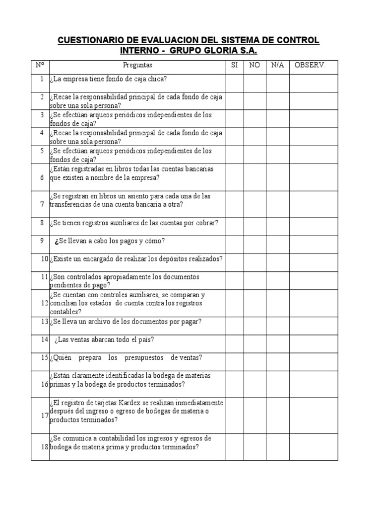 Cuestionario de Control Interno S.A. | PDF | Presupuesto | Business