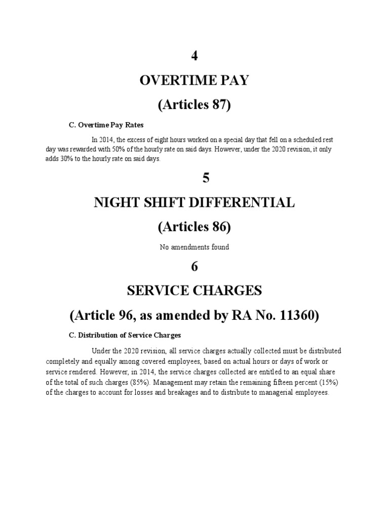 Revisions to Overtime Pay Rates, Night Shift Differentials, Service Charges Distribution
