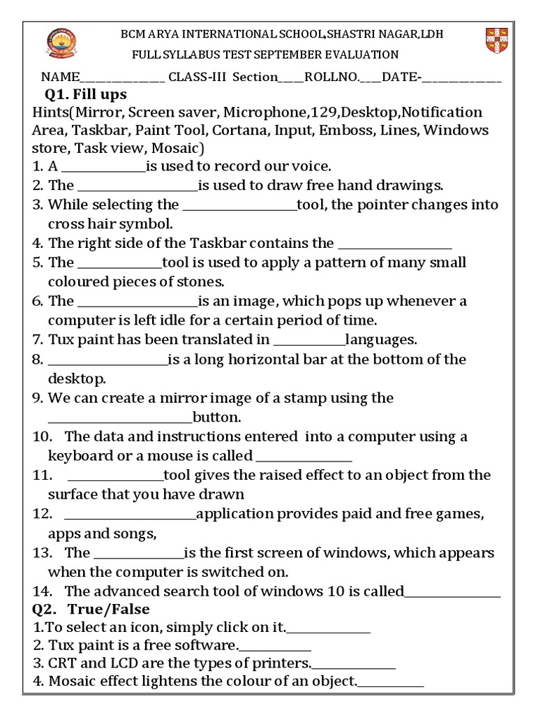 Class III Computer Science Test | PDF | Icon (Computing) | Cursor (User ...