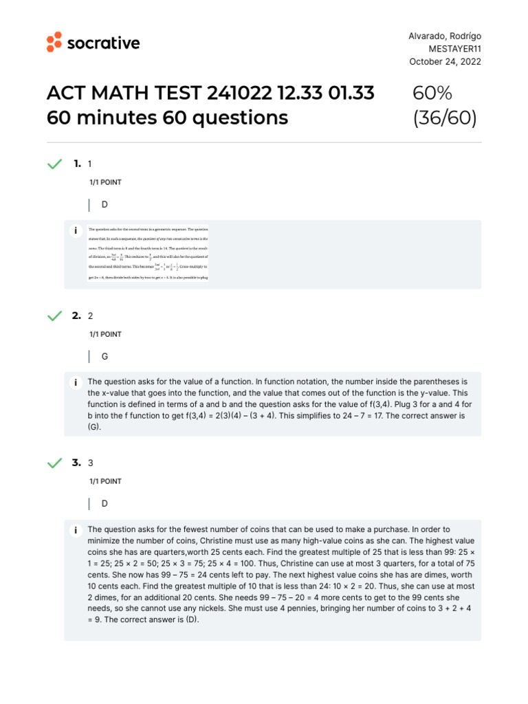 ACT MATH TEST 241022 12.33 01.33 60 Minutes 60 Questions | PDF | Area ...