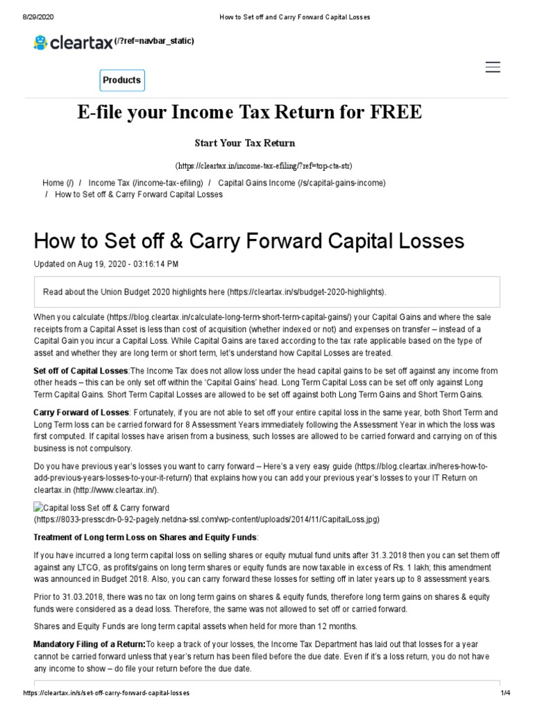 Set Off and Carry Forward Capital Losses PDF Capital Gains Tax Taxes