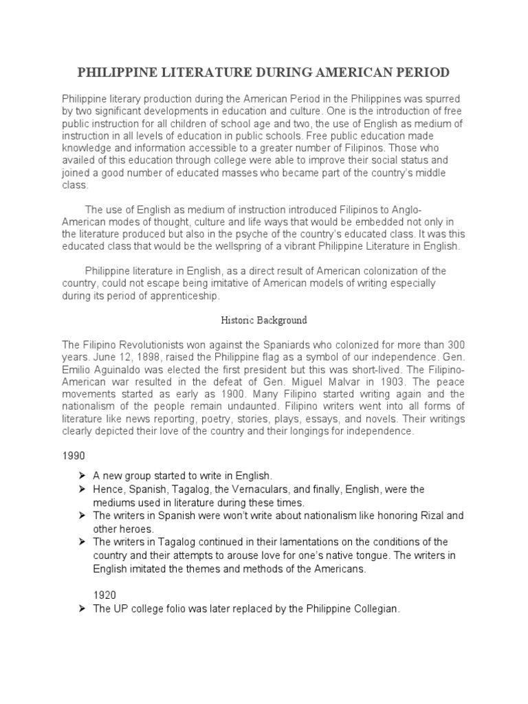 Philippine Literature During American Period Pdf Philippines