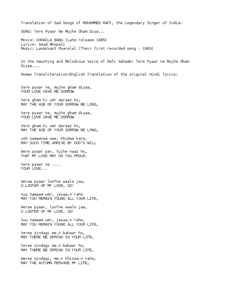 Bollywood Songs English Translation Roman Transliteration/english Translation of Rafi Songs. | PDF | Bollywood  | Leisure