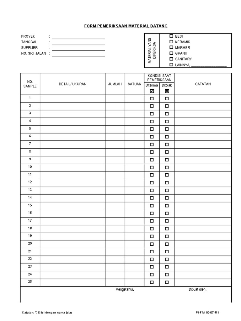 FM-10-07-R1 - Form Pemeriksaan Material Datang | PDF