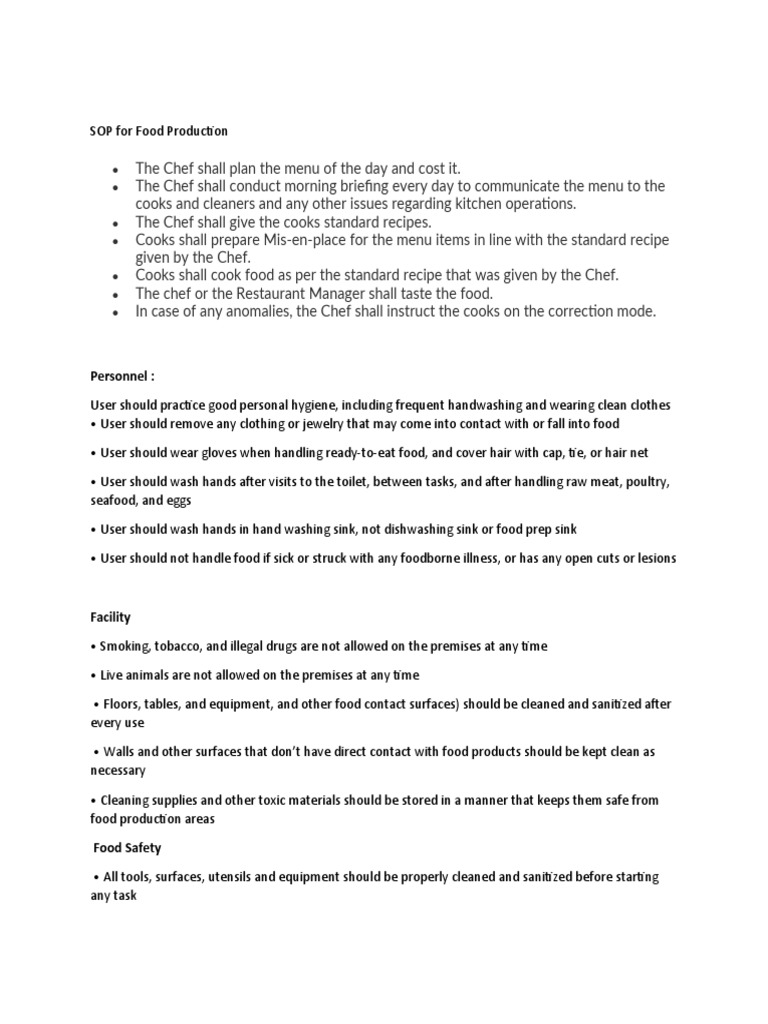 SOP For Food Production PDF Chef Foods