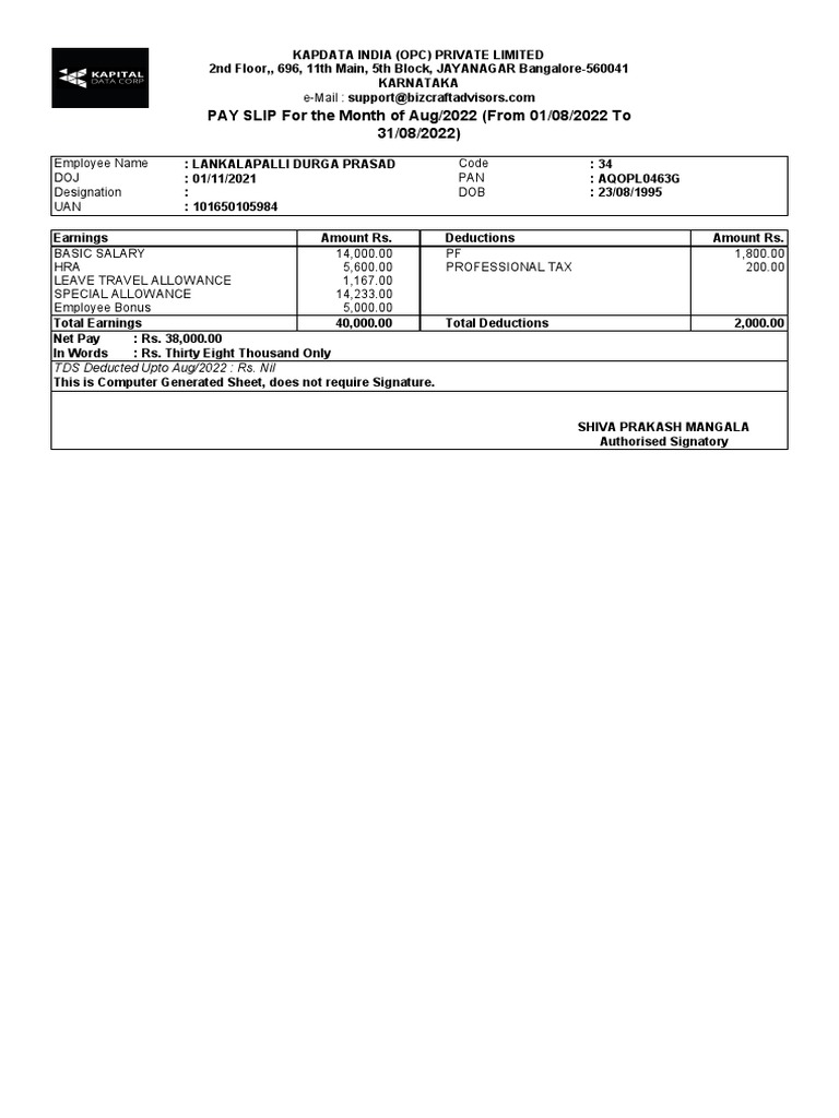 August 2022 Pay Slip for Employee | PDF | Salary | Public Finance