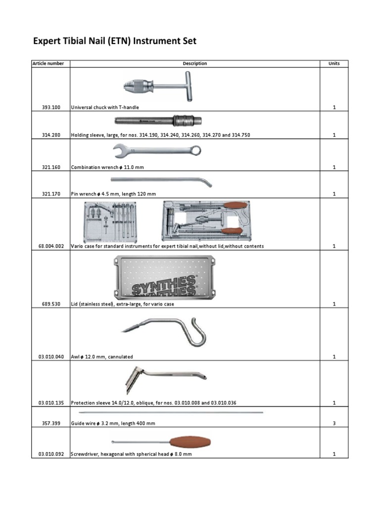 Expert Tibial Nail (ETN) Instrument Set: Article Number Description ...