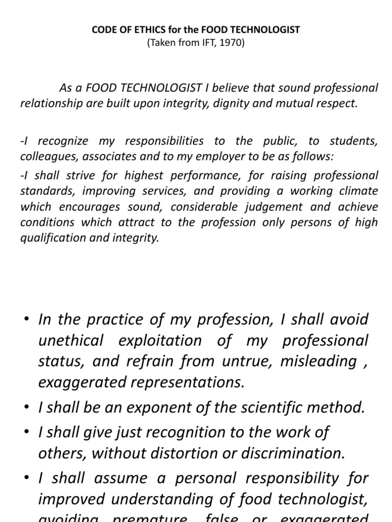 FOOD TECHNOLOGY Code of Ethics (1970) | PDF