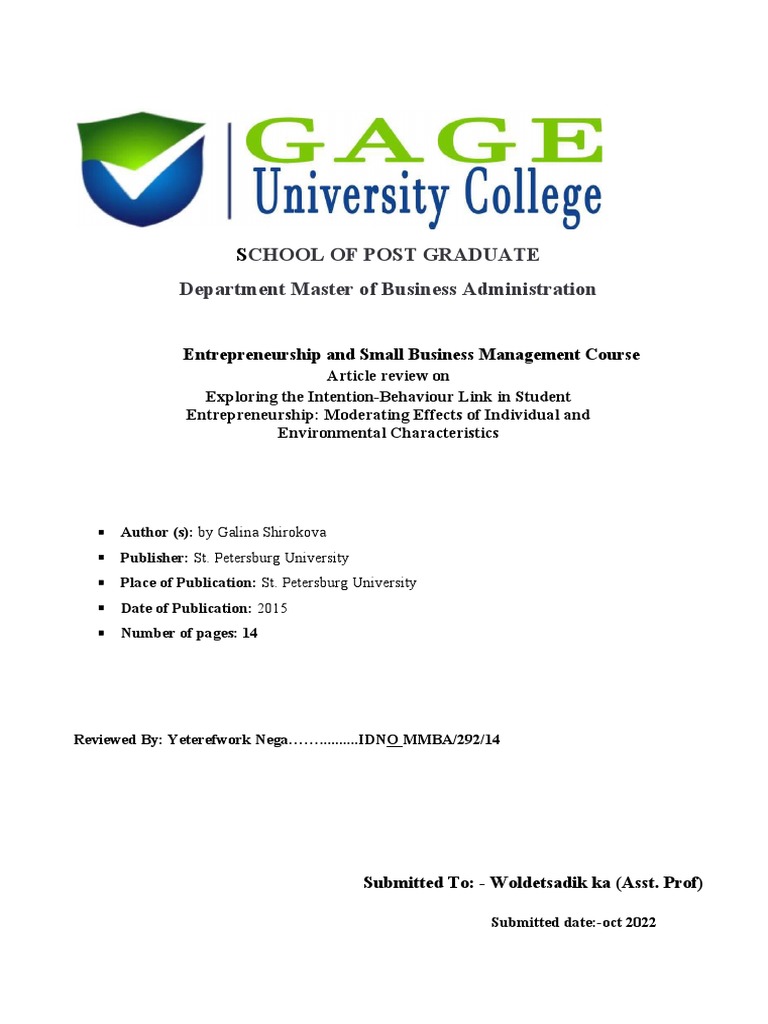 ARTICLE REVIEW Teref | PDF | Entrepreneurship | Intention