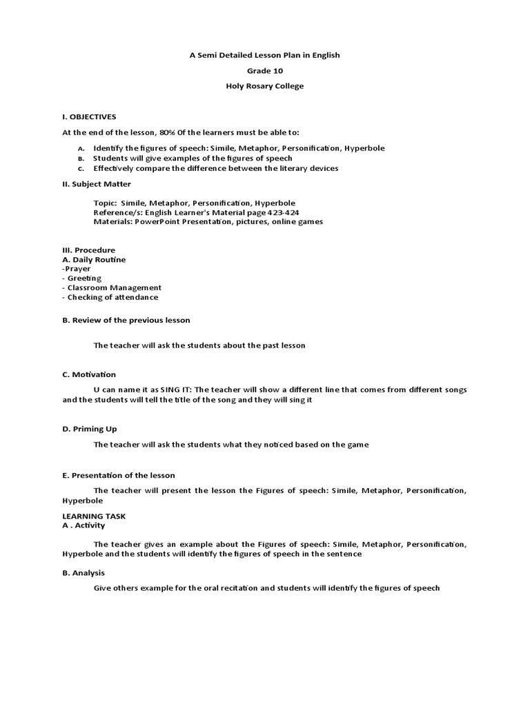 Grade 10 Lesson Plan: Figures of Speech | PDF | Lesson Plan | Metaphor