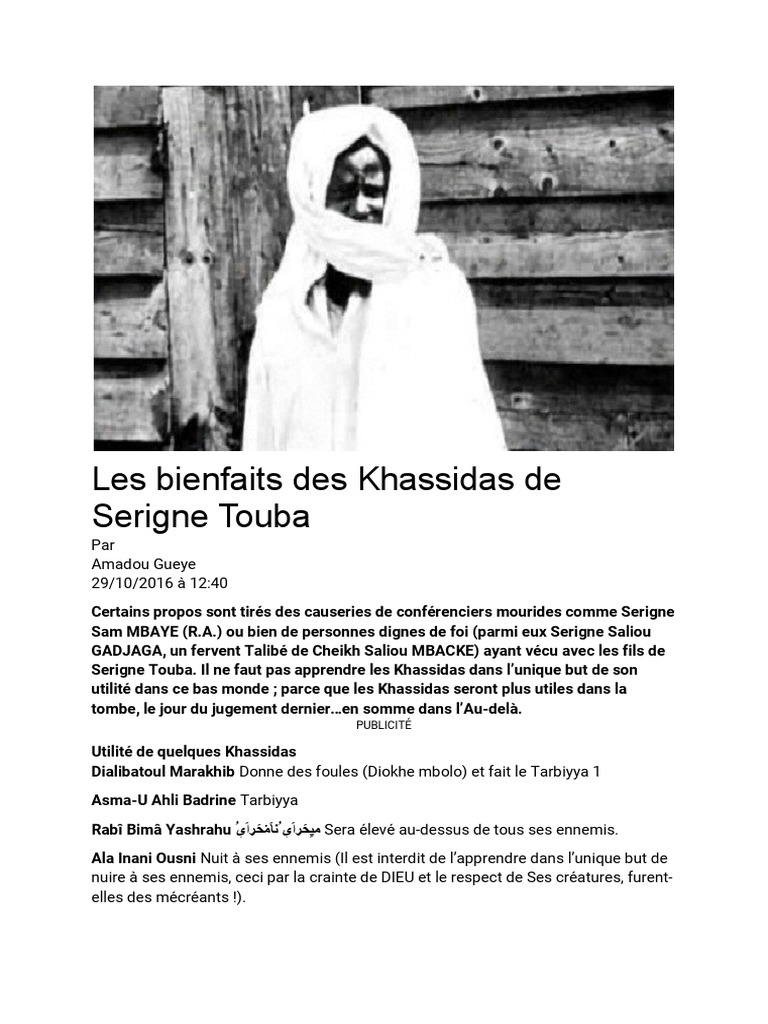 Bienfaits des Khassidas de Serigne Touba | PDF | Doctrines et croyances ...