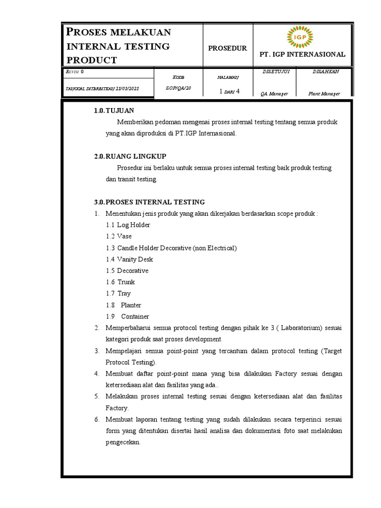 Prosedur Internal Testing Produk PT IGP | PDF | Teknologi & Rekayasa