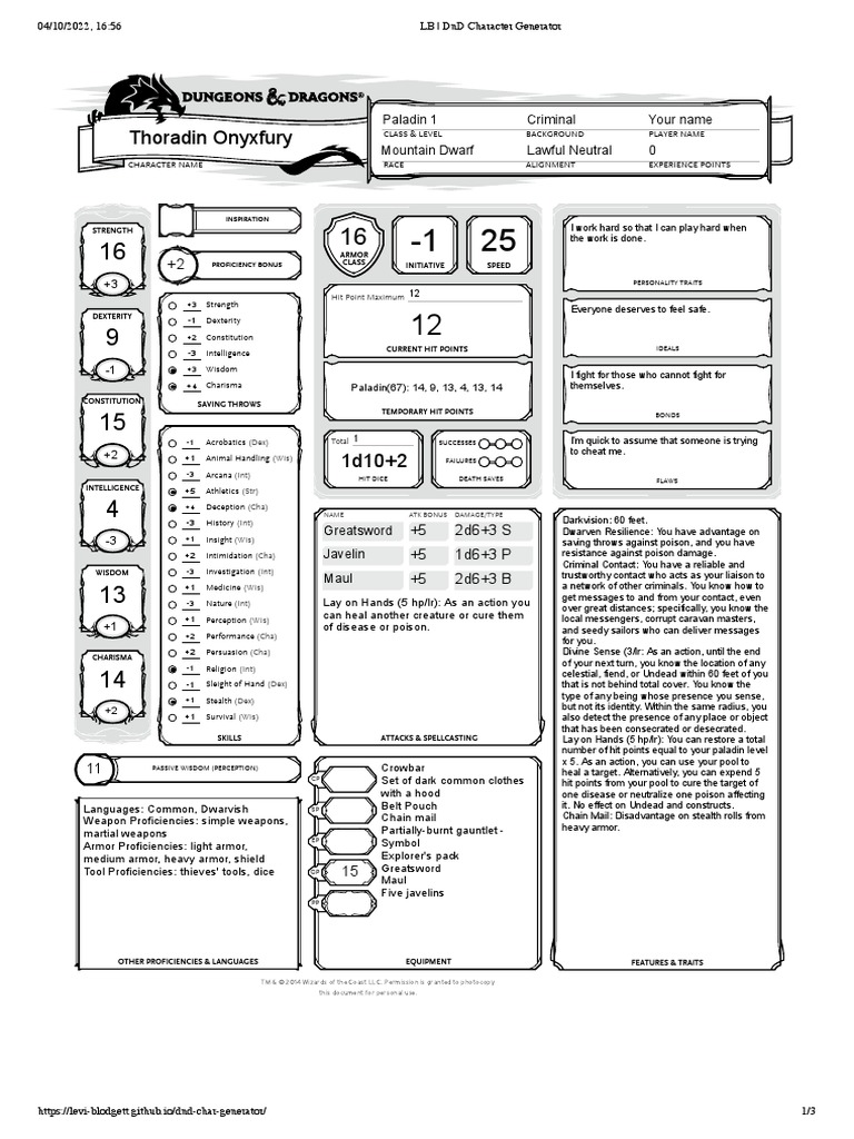Thoradin Onyxfury | PDF | Dungeons & Dragons | Role Playing Games