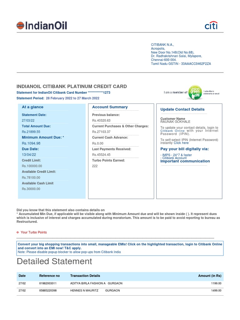 IndianOil Citibank Credit Card Statement | PDF | Credit Card | Debit Card