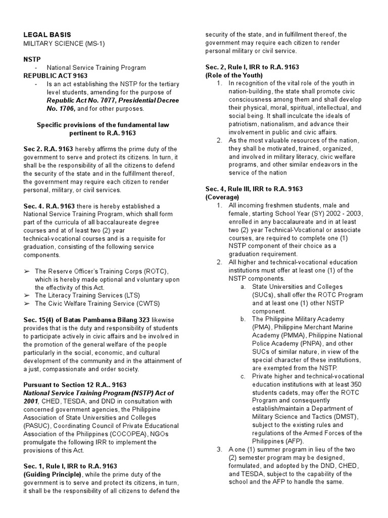 Overview of NSTP and ROTC Regulations | PDF | Reserve Officers ...