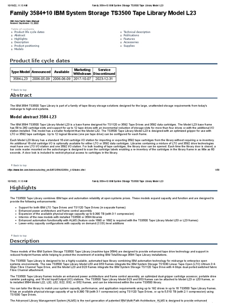 Family 3584+10 IBM System Storage TS3500 Tape Library Model L23 Sales