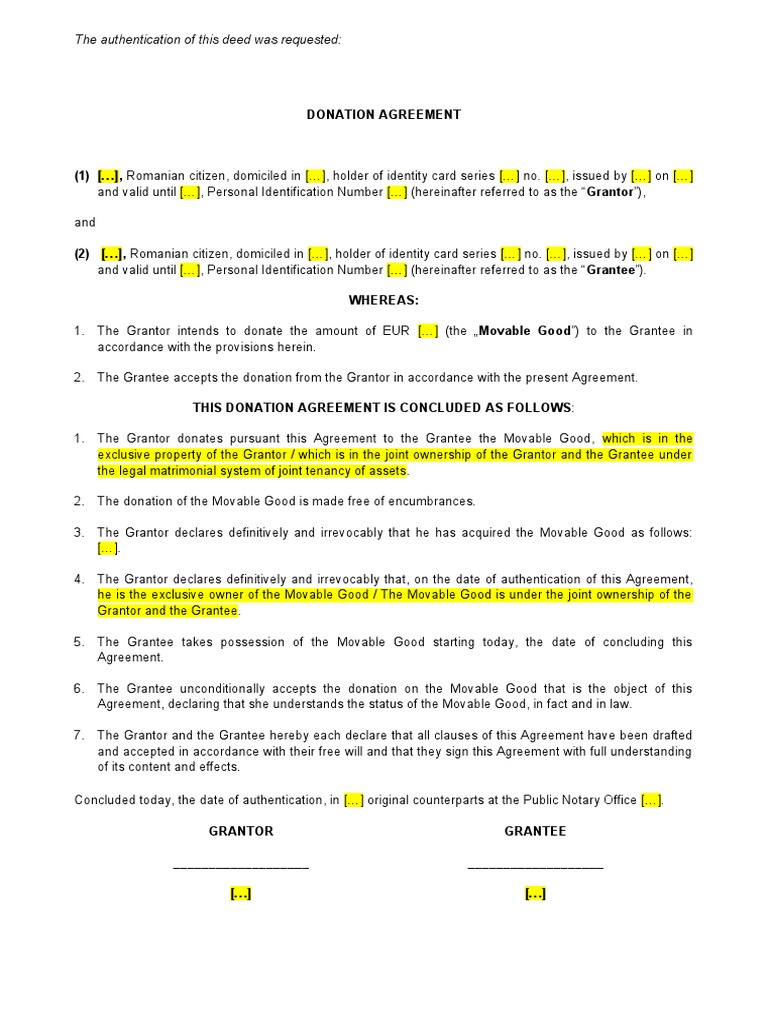 Donation Agreement Template | PDF | Identity Document | Deed