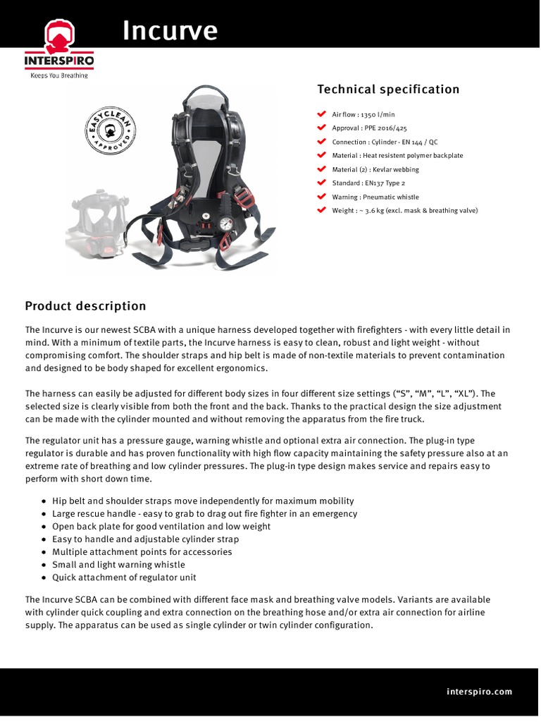 Incurve SCBA Technical Specifications | PDF | Diving Equipment | Equipment