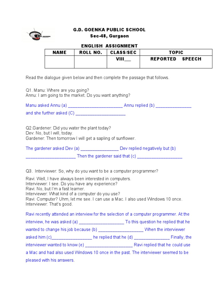 Dialogue Completion Exercises for Class VIII | PDF