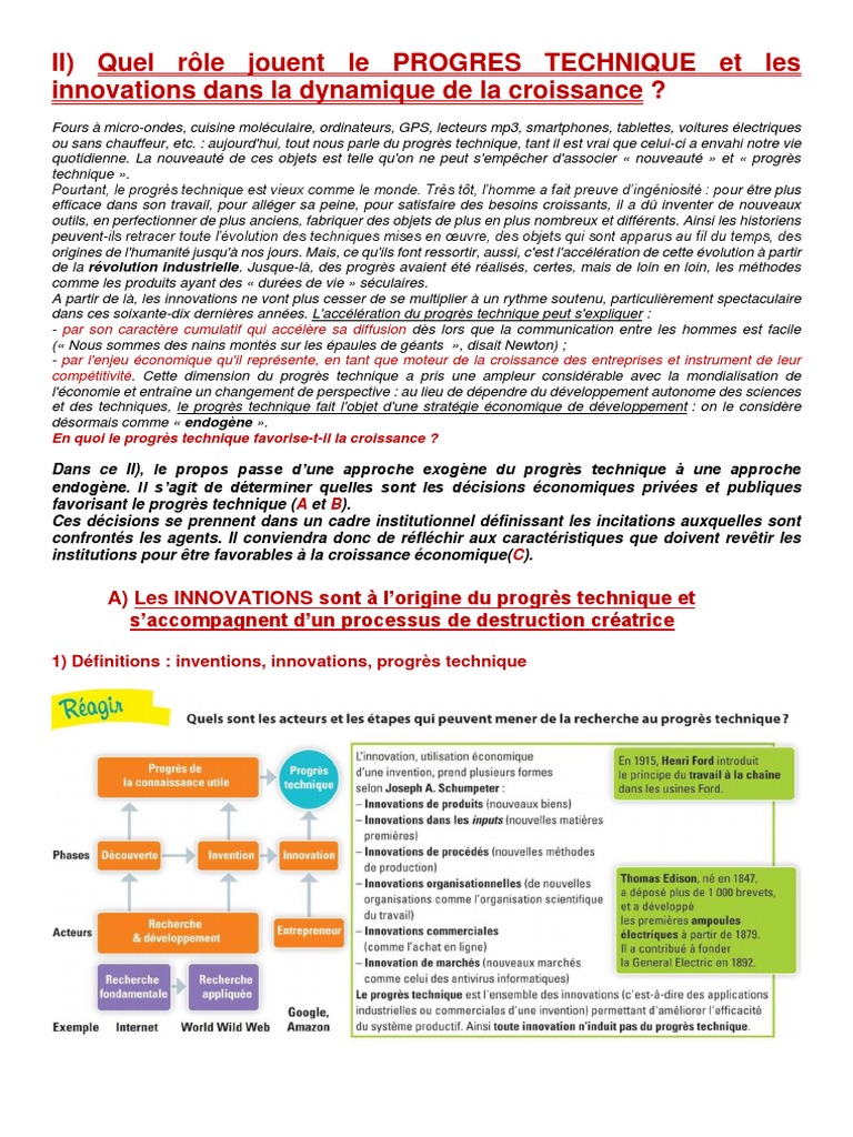 Quels Sont Les Sources De La Croissance économique Schema Bilan Chap 1 SOURCES ET DEFIS CROISSANCE COURS Début Du II) 2020-2021 | PDF |  Innovation | Changement technologique