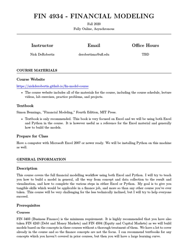 C1 Financial Modeling Syllabus PDF Lecture Valuation (Finance)