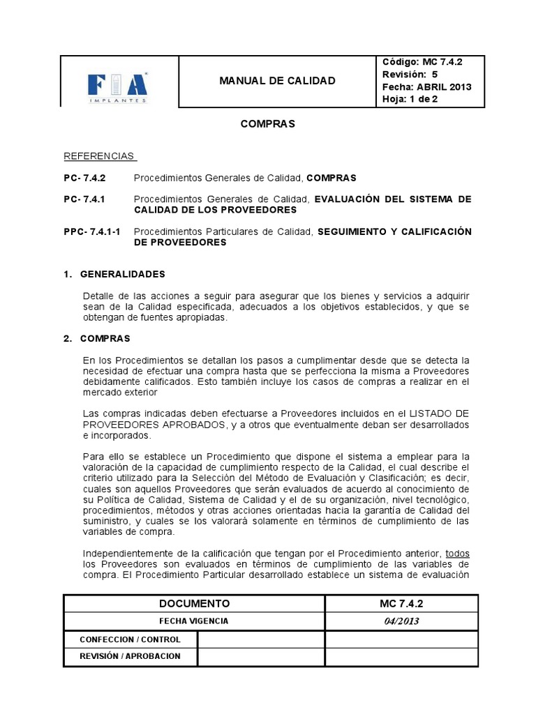 Procedimientos de Calidad en Compras | PDF | Calidad (comercial ...