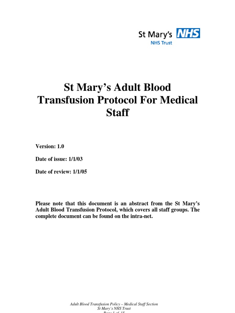 Adult Blood Transfusion Protocol Guide | PDF | Blood Transfusion | Platelet