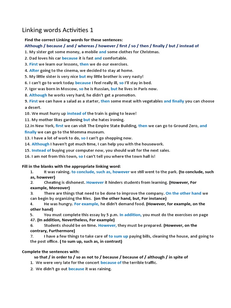 Linking Words Activities 1 | PDF