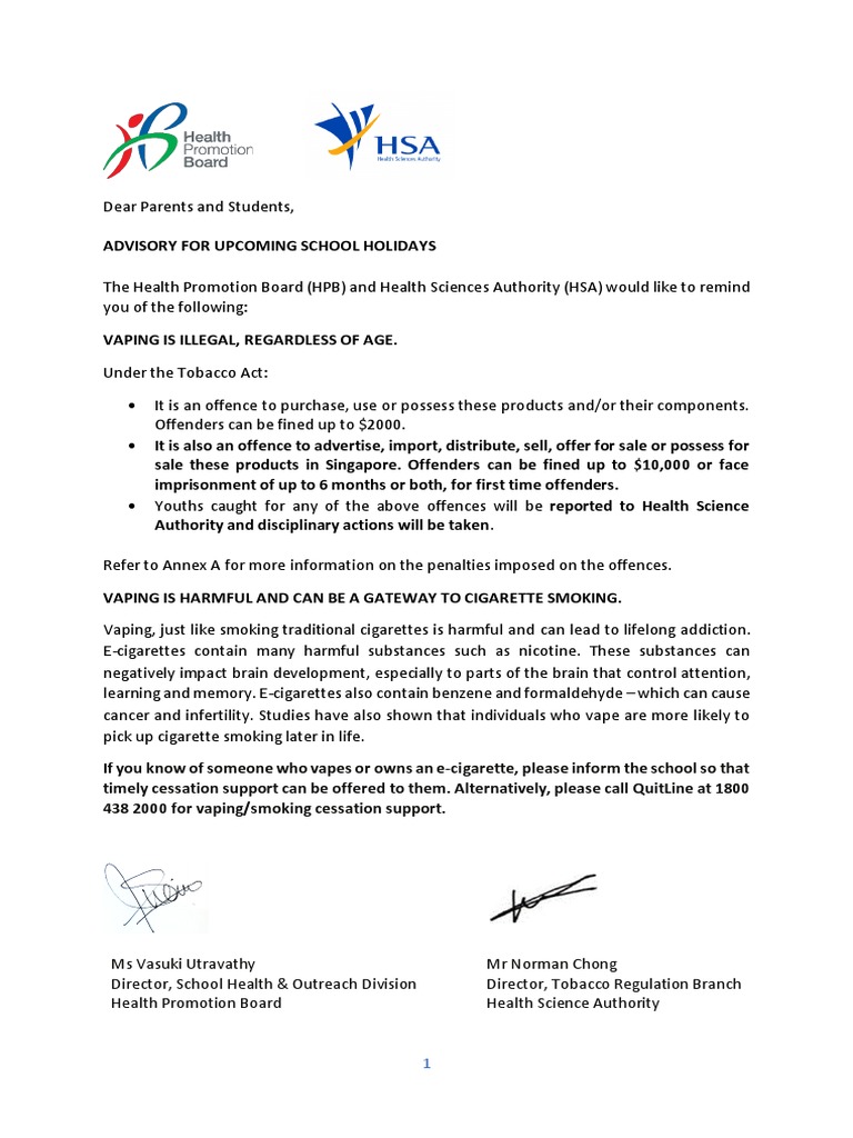 HPB HSA Advisory On Vaping PDF Electronic Cigarette Tobacco Smoking