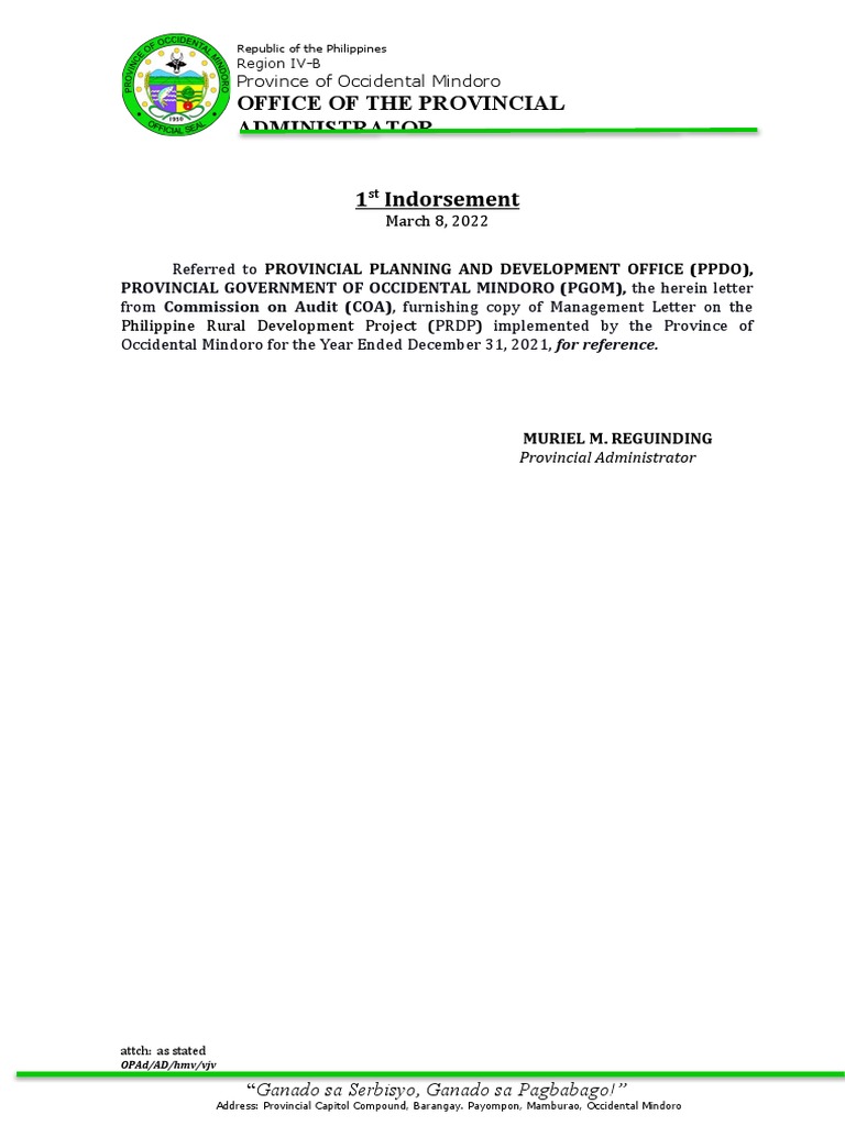 4 To OPAPRDP, Letter From COA (Furnishing Copy of Management Letter On