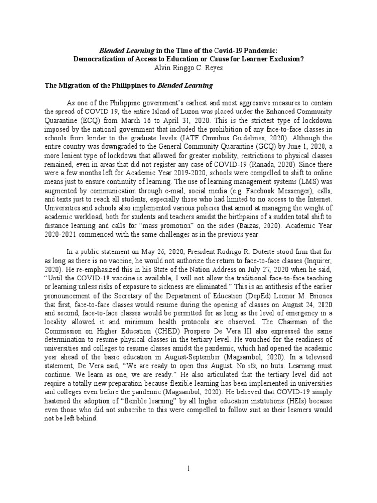 Sample Writing Reyes, Alvin Ringgo PDF Distance Education