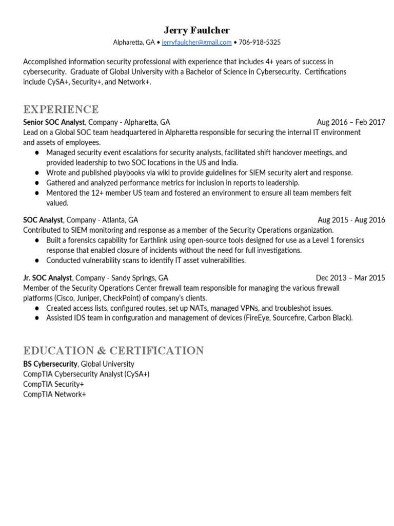 SOC Analyst Resume Template PDF - 1697361035