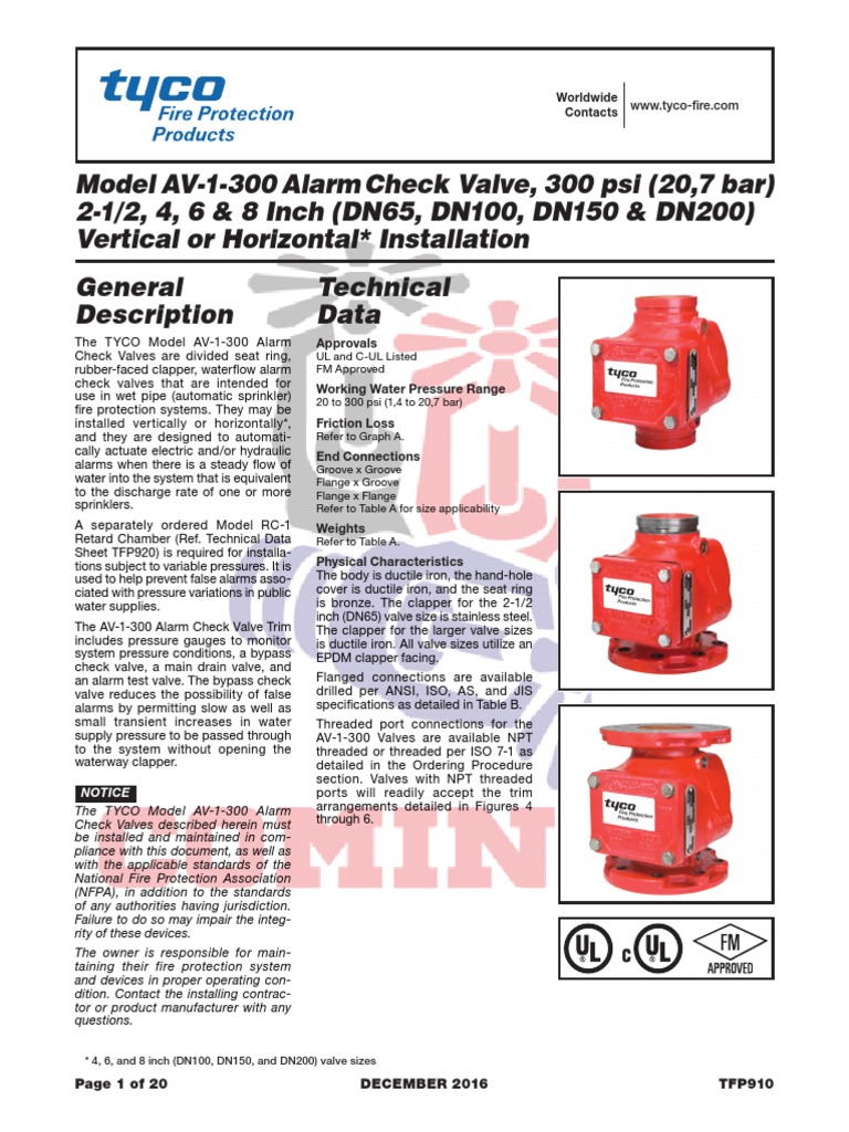 Válvula de Alarma Tyco AV 1 300 PDF Valve Fire Sprinkler System