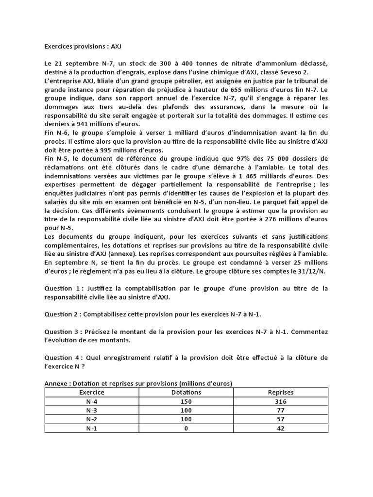 Provisions pour sinistre AXJ : exercices corrigés | PDF
