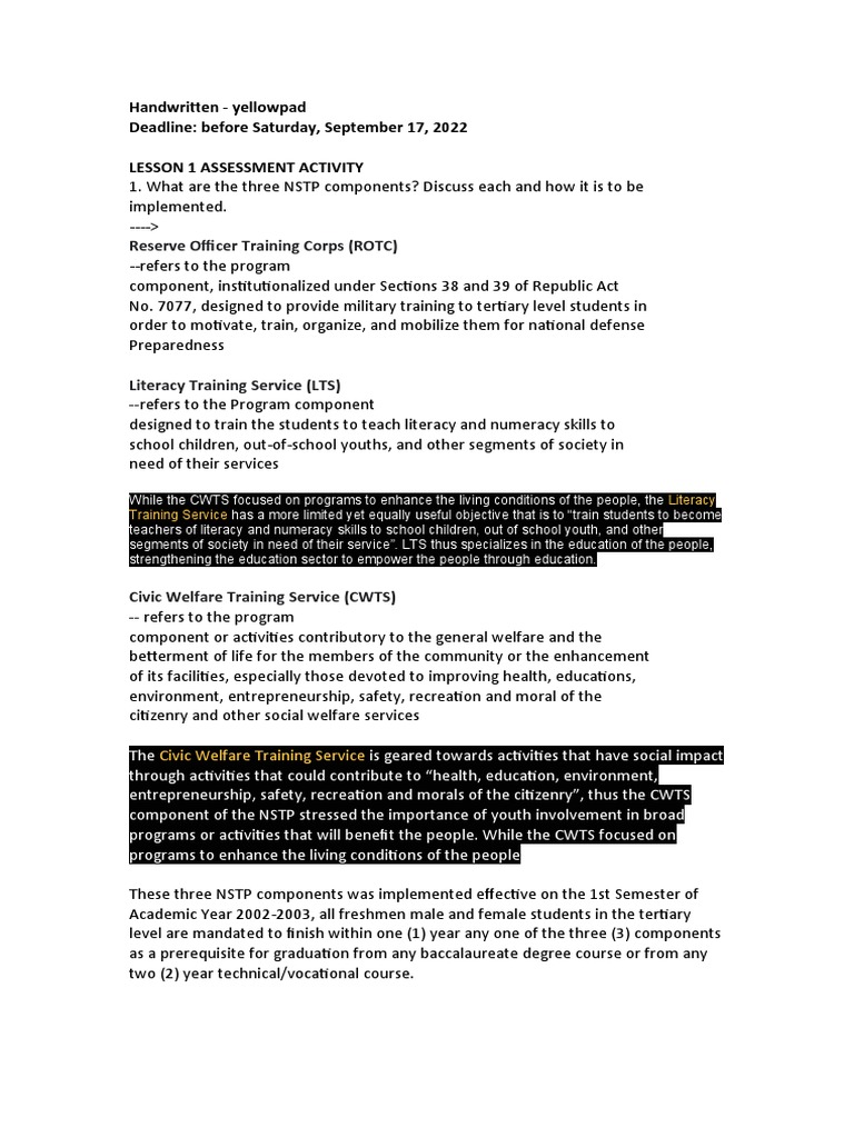 CWTS: Assignment - Lesson 1&2 | PDF | Reserve Officers' Training Corps ...