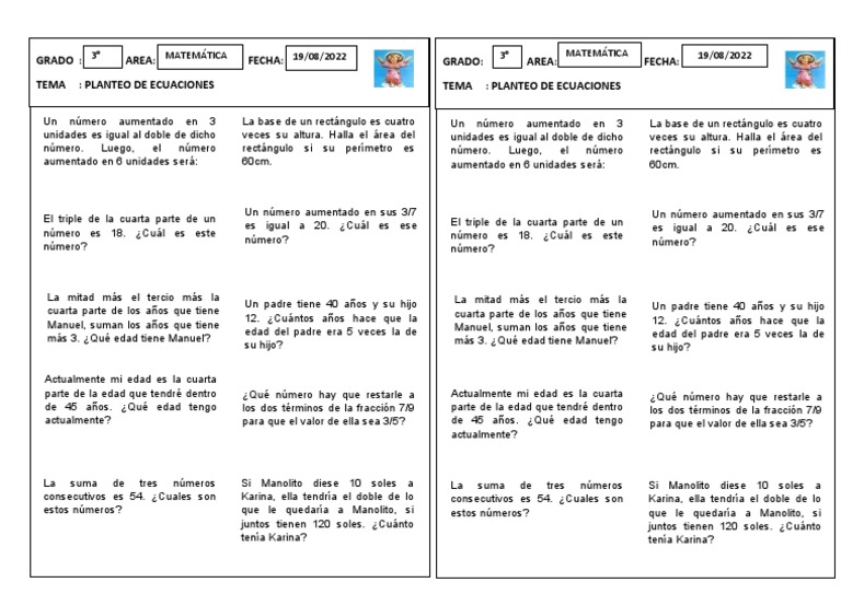 Problemas de Ecuaciones para 3° Grado | PDF | Objetos matemáticos ...