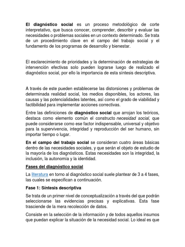El diagnóstico social es un proceso metodológico de corte ...