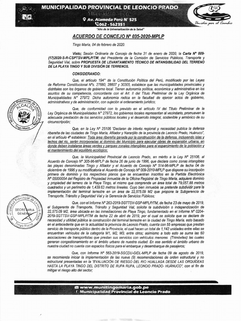 Acuerdo de Concejo N°035-2020-Mplp | PDF